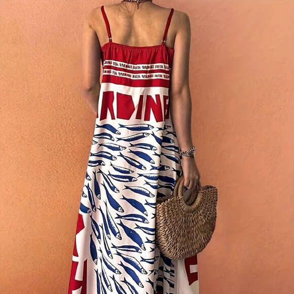 Tropical Fish & Latin Quote Red-Blue Long Dress - Picture 2 of 4